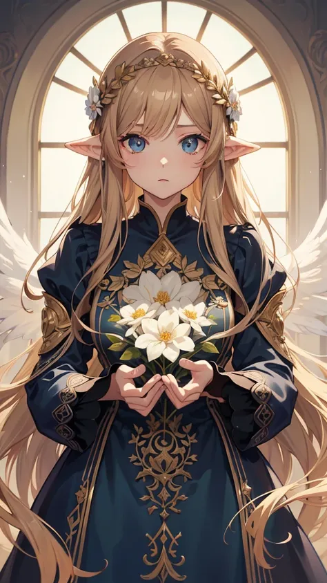 Official Art, Masterpiece European female, elvish, Long hair, light brown hair , blue eyes, (​masterpiece、top-quality、high resolution: 1.4),in 8K, Drawing of a woman with short light brown hair, Anime Art Nouveau, highly detailed exquisite fanart, anime fa...