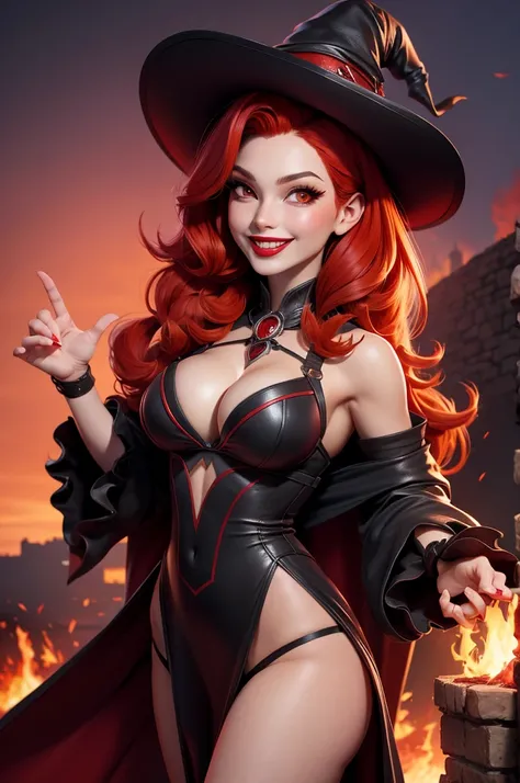 sunset dark castle, circled by fire, witch, perfect face, red hair, big , red underwear sexy, thight fit, pretty smile, red lipstick, cleavage