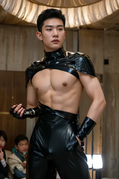 photo of a handsome (korean man), ((futuristic fashion show)), (Supermodel), runway, (smirk:0.7), coiffed hairstyle, (oily skin), (looking at viewer), fashion model posing, b0ndage, ((bondage strap outfit)), male focus, dynamic movement, (ultra realistic, ...