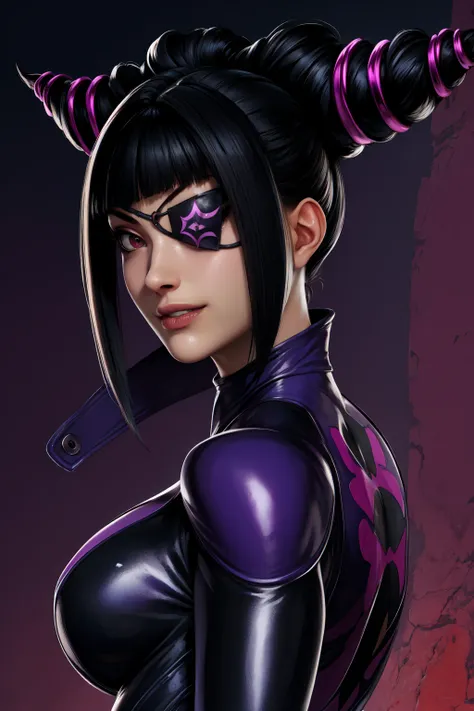 juri , black hair,two-tone hair, hair horns, purple eyes, eyepatch,  
bodysuit, clothing cutout, 
standing, upper body, evil smi...