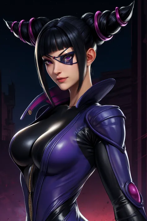 juri , black hair,two-tone hair, hair horns, purple eyes, eyepatch,  
bodysuit, clothing cutout, 
standing, upper body, evil smi...