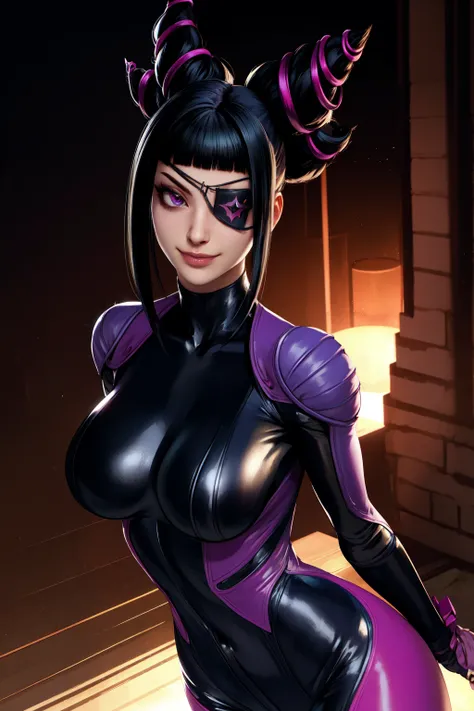 Juri , black hair,two-tone hair, hair horns, purple eyes, eyepatch,  
bodysuit, clothing cutout, 
standing, upper body, evil smile, 
night club,
(insanely detailed, beautiful detailed face,beautiful detailed eyes, masterpiece, best quality) , solo, dinamic...