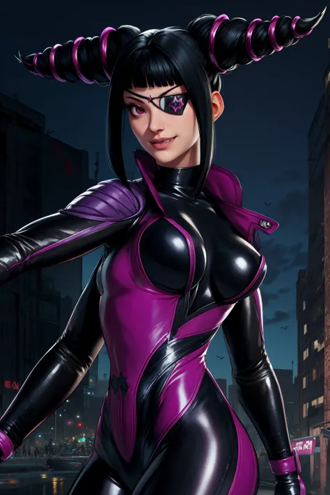 juri , black hair,two-tone hair, hair horns, purple eyes, eyepatch,  
bodysuit, clothing cutout, 
standing, upper body, evil smi...