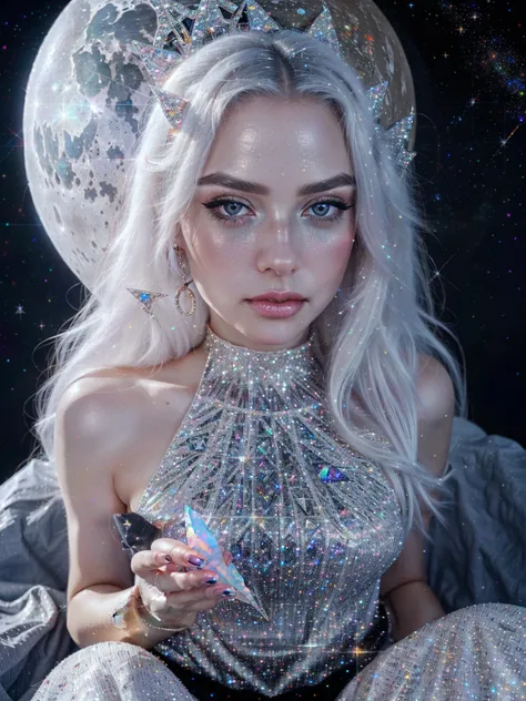 {-erro_de_anatomia:1.0} masterpiece, highest quality, (perfect face:1.1, (high detail)1.1, sweet stardust vampire , long soft white hair, opal eyes, perfectly drawn face, black dress, stars detailed background, prismatic lighting, glitter, whole bod., sitt...