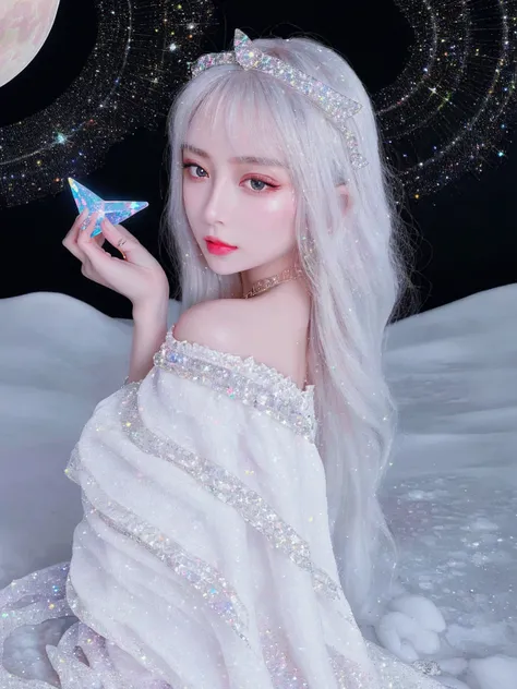 {-erro_de_anatomia:1.0} masterpiece, highest quality, (perfect face:1.1, (high detail)1.1, sweet stardust vampire , long soft white hair, opal eyes, perfectly drawn face, black dress, stars detailed background, prismatic lighting, glitter, whole bod., sitt...