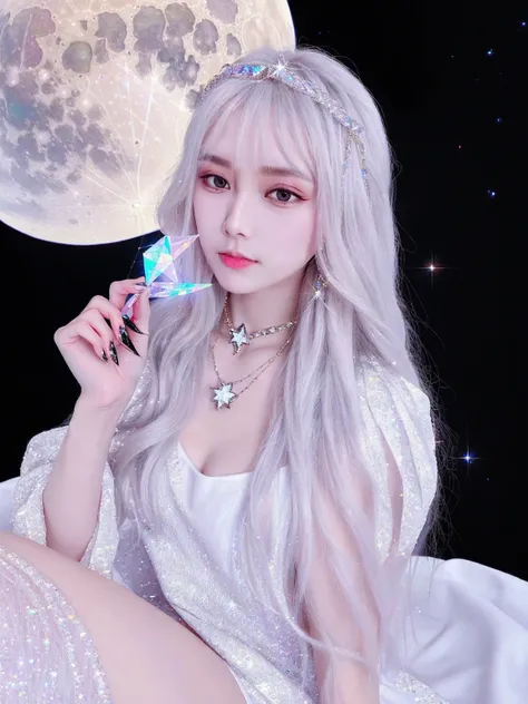 {-erro_de_anatomia:1.0} masterpiece, highest quality, (perfect face:1.1, (high detail)1.1, sweet stardust vampire , long soft white hair, opal eyes, perfectly drawn face, black dress, stars detailed background, prismatic lighting, glitter, whole bod., sitt...