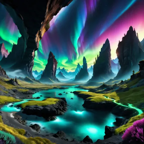 alien landscape cliffs: 1.5, (Best quality, master of peace: 1.3), (hyper-detailed, hyper-realistic color: 1.5), cosmic, exotic and surreal mountains.... At night northern lights, the landscape is illuminated by bioluminescence. .., perfect composition, Be...