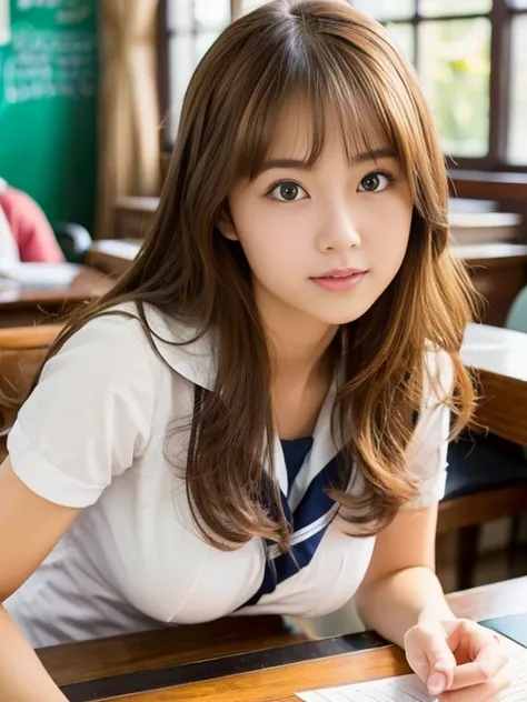 alone,cute ,big breasts,surreal ,beautiful high school girl,seductive woman、brown hair、looking at the camera、sit at desk、slim body,Height: 160cm,Adult-like atmosphere、Japanese、Big eyes、wavy hair,