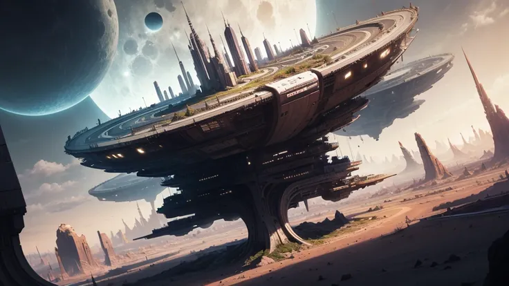 Alien Landscape,many moons, futuristic city, Flying cars,ultra-detailed,sharp focus,aesthetic,(best quality)