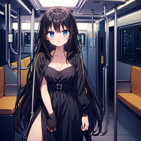 (masterpiece)、(highest quality)、(One female)、(expression of shame)、(Completely naked)、(Inside the train)、(dark background)、luster、shadow、small breasts、black hair