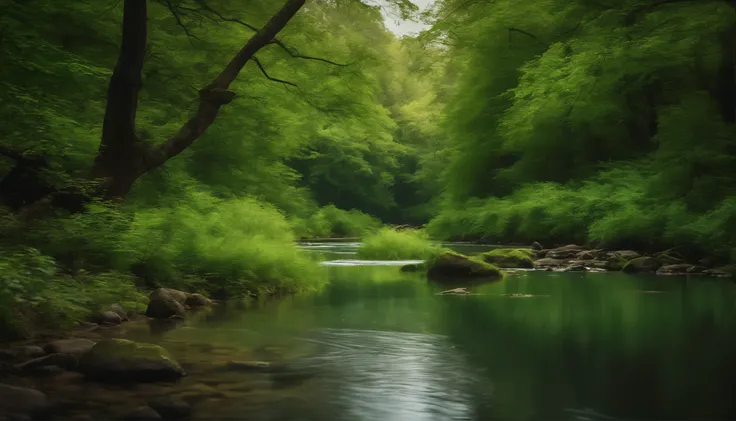 lush green, forest, lake, small stream, large tree branches、perspective、perspective、Majestic panorama、HD detailed、hyper detail、movie、deep field focus bokeh、ray tracing、