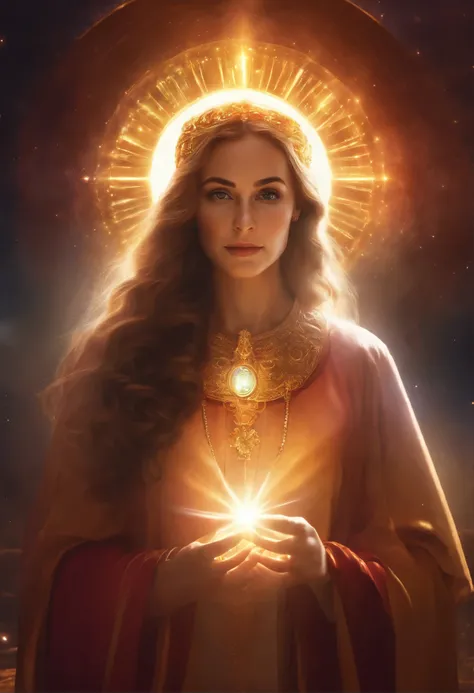 Female priest with long curly hair, religious robes, look down, held hands, Wearing a circlet, A simple halo around her head, shining eyes of light, holy, bright colors, particles of light, light shines, Musif, wallpaper art, uhd wallpaper