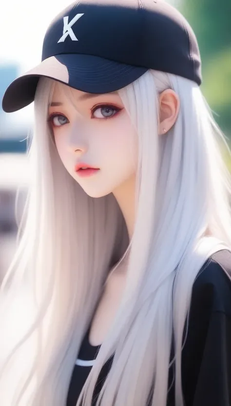 anime girl with long hair wearing a baseball cap and black top, anime girl with long hair, perfect white haired girl, with long white hair, beautiful anime girl, with white long hair, beautiful anime woman, beautiful alluring anime woman, beautiful anime p...