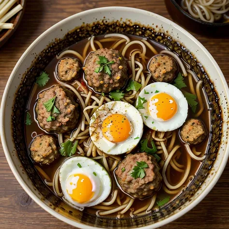 Clos-up: A bowl of noodles and meatballs, just ripe and looks delicious, smoky from food is visible, a noodle restaurant famous for its flavours and warm atmosphere, smoke on top. forks and spoons are neatly arranged, bottles of soy sauce and seasonings lo...