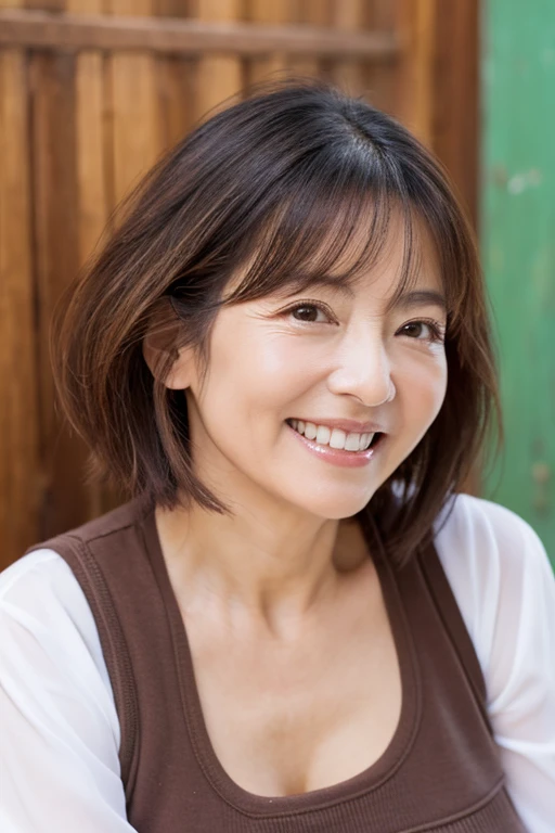 58 years old　big breasts　woman　gentle smile　big eyes　front teeth　short bob hair　Japanese　classmate