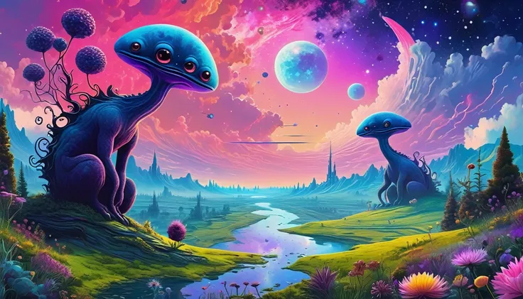 top air view[(middle view: a pair of zoo monsters) ((StanManukyan style))):20] / [background:amazing alien landscape of the naive Avant-garde (two moons, stars sky, pulsar nebula, purple sunset, alien flora, pink photosynthesis of vegetation,forest, field ...