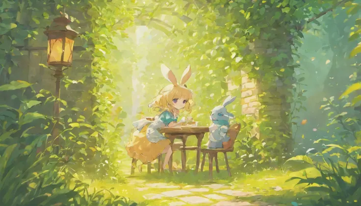 cartoon rabbit，Bright sunny background，There is a cute little garden，cute sewing machine。The cute little mushroom put on a beautiful dress