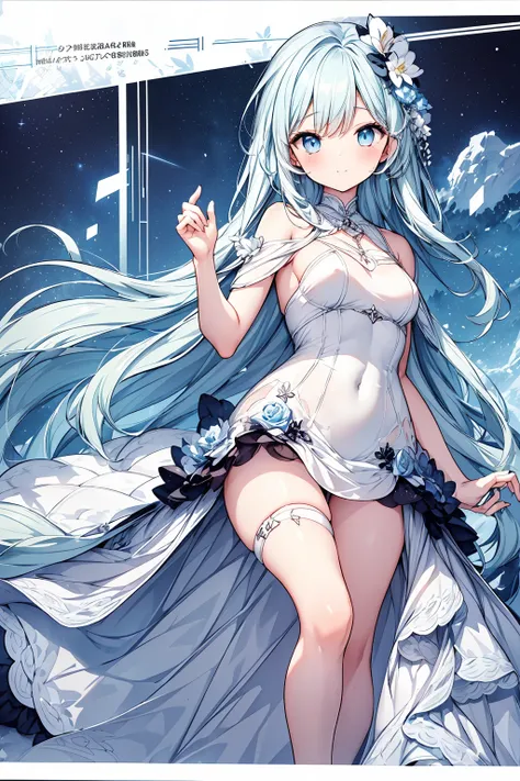 masterpiece, best quality, extremely detailed, (illustration, official art:1.1), 1 girl ,(((( light blue long hair)))), light blue hair, ,10 years old, long hair ((blush)) , cute face, big eyes, masterpiece, best quality,(((((a very delicate and beautiful ...