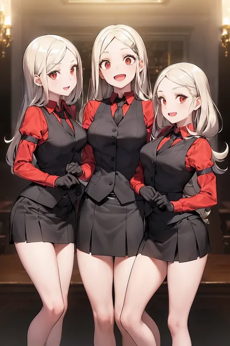 (masterpiece, best quality:1.2), 3 girls, terberus, smile, open mouth, looking at the audience, vest, red shirt, black tie, arm ...