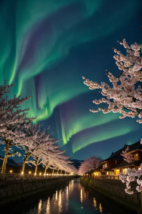 Rows of cherry blossom trees in full bloom under the aurora borealis