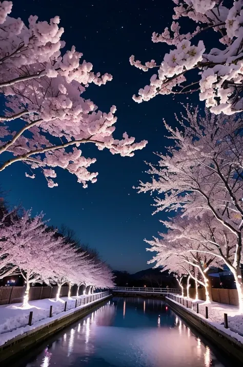 night sky、snow scene、Cherry blossom trees、light up、Fantastic、real