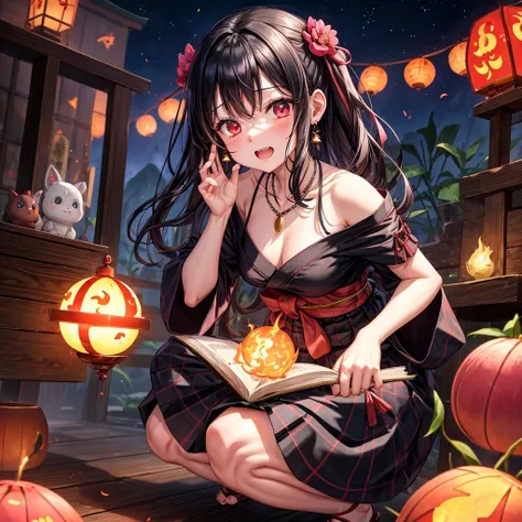 Pink-black hair、red eyes、one good looking girl、solo、anime、plaid mini skirt、black camisole、black t-shirt、kimono、wearing a ribbon、ribbon at waist、stone slabs are piled up、crystal earrings、jewelry necklace、Light and shadow、clock、universe、vine plant、petal、tilt...