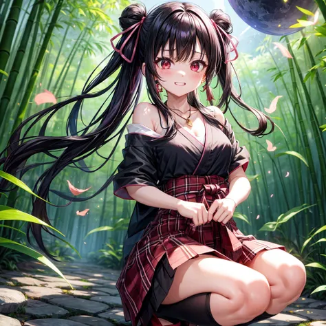 Pink-black hair、red eyes、one good looking girl、solo、anime、plaid mini skirt、black camisole、black t-shirt、kimono、wearing a ribbon、ribbon at waist、stone slabs are piled up、crystal earrings、jewelry necklace、Light and shadow、clock、petal、tilting one&#39;s face、t...