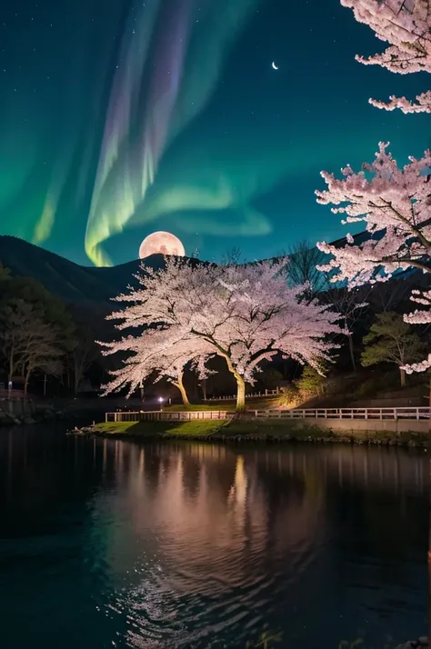 Night view and night cherry blossoms、And the aurora and the moon