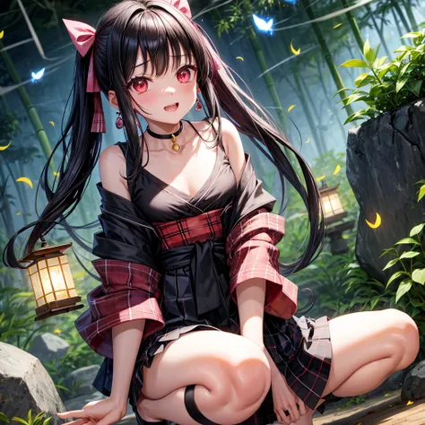 Pink-black hair、red eyes、two good looking girls、solo、anime、plaid mini skirt、black camisole、black t-shirt、kimono、wearing a ribbon、ribbon at waist、stone slabs are piled up、crystal earrings、jewelry necklace、Light and shadow、clock、petal、tilting one&#39;s face、...