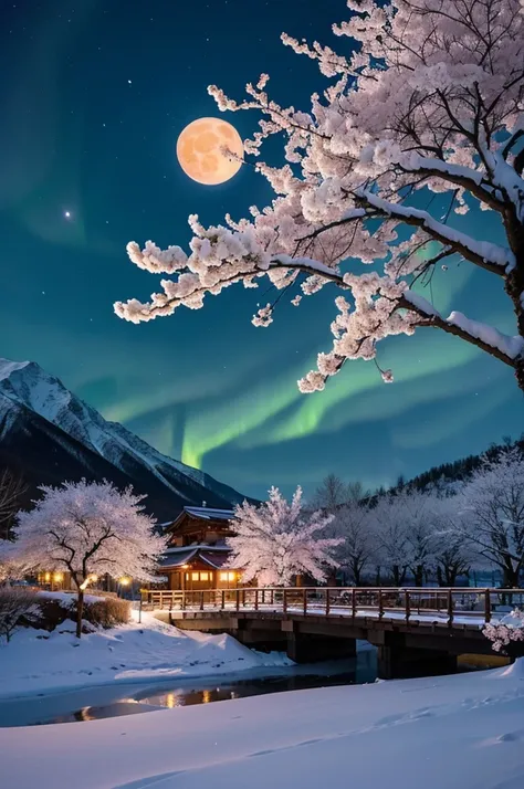 Snowy scenery and cherry blossom trees in full bloom、A big moon and mysterious aurora in the night sky