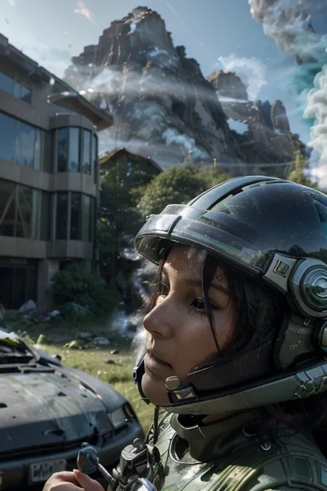 award winning closeup photo of a female (sci-fi explorer:1.3) wearing helmet with hexagonal glass visor, [Style-Psycho::10], beside a (crashed vehicle:1.2), (smoke:1.4), looking out over a verdant alien planet, (mountains:1.2) (tall grass:1.2), rocks, high...