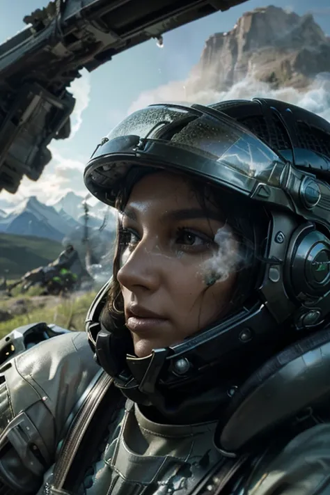 award winning closeup photo of a female (sci-fi explorer:1.3) wearing helmet with hexagonal glass visor, [Style-Psycho::10], beside a (crashed vehicle:1.2), (smoke:1.4), looking out over a verdant alien planet, (mountains:1.2) (tall grass:1.2), rocks, high...