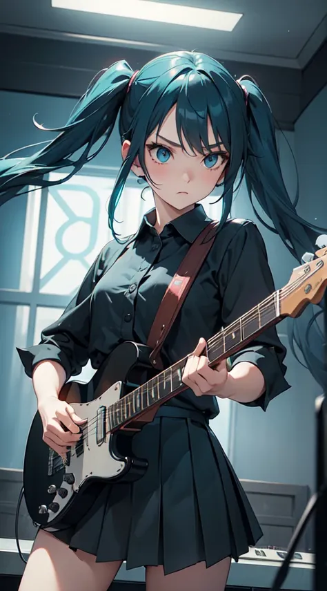 ((masterpiece, best quality))1girl, solo, black dress, blue eyes, electric guitar, guitar, headphones, double ponytail, holding,...