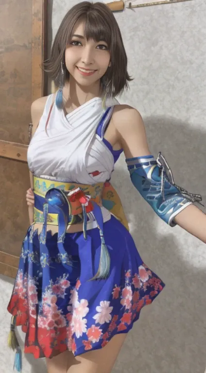 masterpiece, highest quality, absurd, perfect anatomy, 1 girl, alone, Yuna FFX, heterochromia, short hair, yuna costume, hair ornaments, removed sleeve, Similarly, sash, Skirts too, long skirt, cowboy shot, smile,