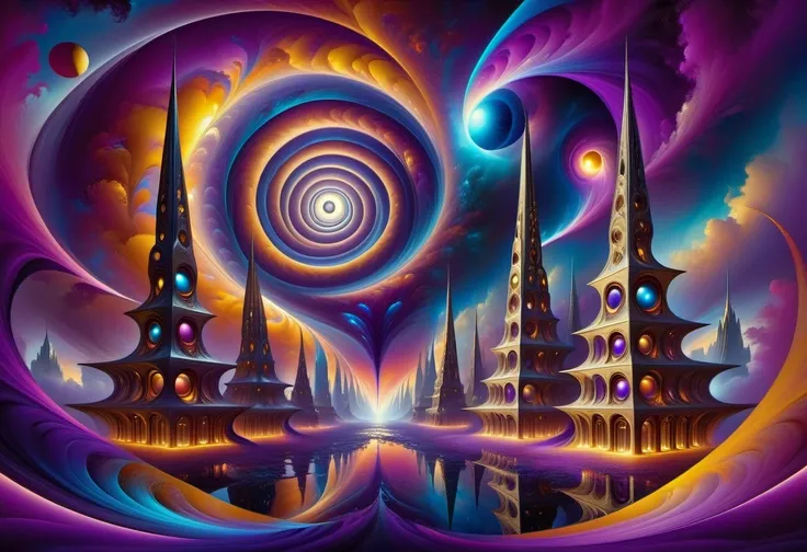 a surreal alien cityscape, in an alien world with more than 5 dimensions. strangely spirally swirling asymmetrical reflective pl...