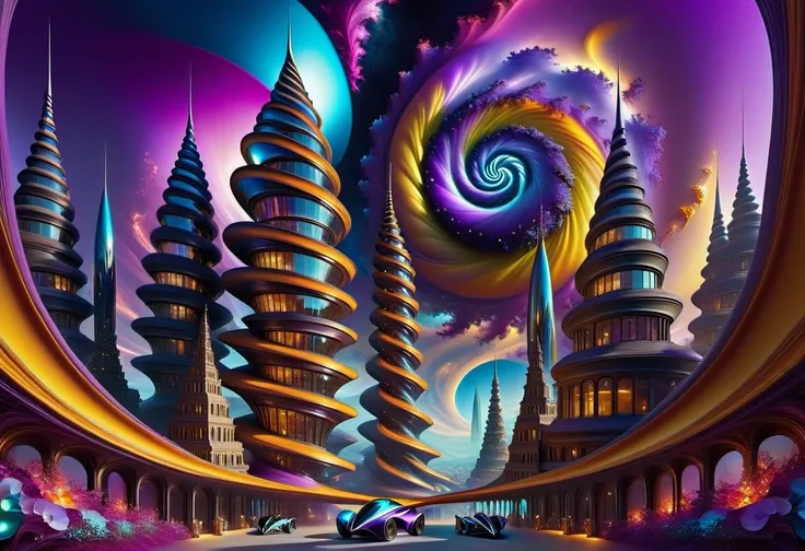 a surreal alien cityscape, in an alien world with more than 5 dimensions.hyperrealistic spirally twisting asymmetrical reflectiv...