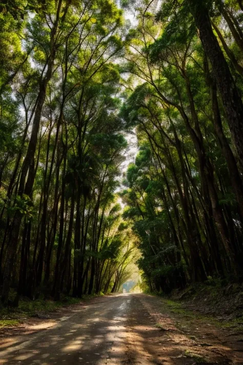 um caminho na floresta de eucaliptos, final da tarde, realista, 8k, fotografia