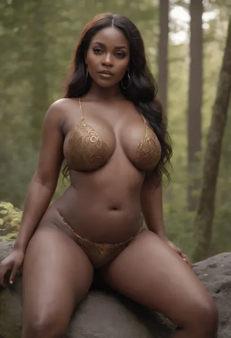 Dark-skinned Demon Queen, NSFW, fat, big , big hips, big butt, naked, naked breast, naked vagina, sitting on a rock, legs spread apart,  perfect proportions, perfect eyes, real life cores, elegant, sharp focus, hyperrealistic, highly detailed, harsh, drama...