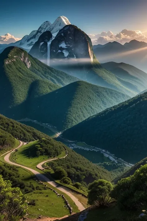 A majestic large mountain in Brazil, with clouds at the background, a ray of light shining upon it, 8k resolution, realistic and highly detailed photo. The grandiosity of the mountain is captured in every detail, from the textured rocks to the nuanced shad...