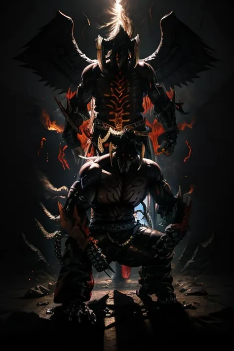 8k,a demon in the fires of hell(devil jin),evil gaze,black binoculars,,beautifully demonic expression ,muscular macho body,the l...