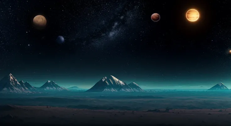 8k quality, a distant planet, with two moons orbiting the planet (one larger and one smaller), lush vegetation, alien animals, vivid colors, mountains in the background, panorama photo.