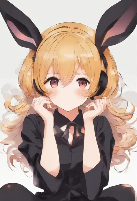 dark gold hair, ecstatic expression, fake black rabbit ears, playboy bunny, sitting down weakly, hair behind ear, short hair, heart-shaped pupils, parted lips, tachi-e, anime style, accurate, best quality, whole body picture