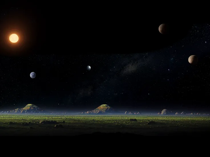 8k quality, a distant planet, with two moons orbiting the planet (one larger and one smaller), lush vegetation, alien animals, vivid colors, mountains in the background, panorama photo.