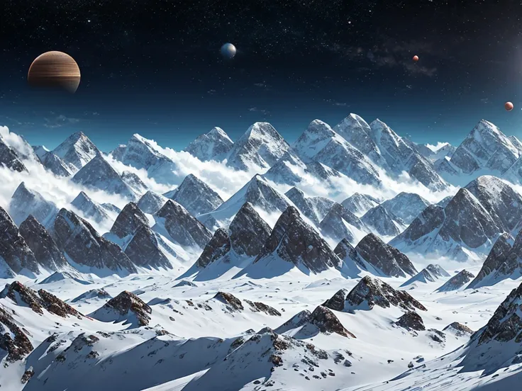 a distant planet, mountains in background, Panorama，alien planet scenery