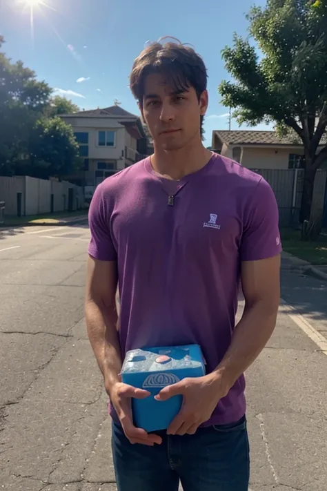 In the foreground, a realistic scene unfolds: a man holds a box of water bottles in his hand, wearing a purple t-shirt. He stands calmly in the middle of the street, framed by the glow of the sun. In the background, a delivery truck loaded with similar box...