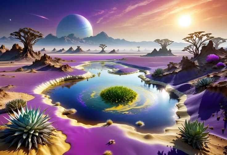 alien landscapes: 1.5, (Best quality, peace master: 1.3), (hyper-detailed, hyper-realistic color: 1.5), cosmic, exotic and surreal landscape.... 3 suns, violet sky color, the sulfur river desert landscape, flying plants of various colors, perfect compositi...