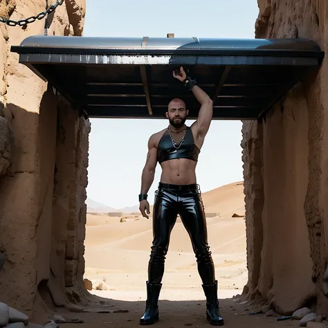 back full-body view of a bearded muscular shaved head at a bus stop in the desert, thick thighs, shiny black leather pants, shiny black leather boots, chain with very large links around the neck