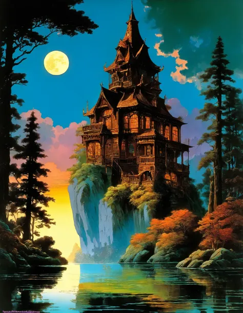 a painting of a house on a lake with a full moon in the background, maxfield parrish!!!!, by Eyvind Earle, chris moore”, michael whelan and gustave done, southern gothic art, by Michael Whelan, by Chris Moore, michael whelan art, by Brothers Hildebrandt, s...