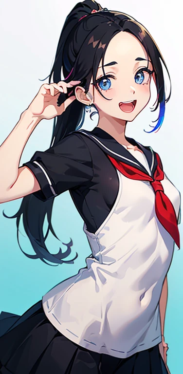 Realistic、1girl、black hair、(forehead:1.3),blue eyes、open stance,(ponytail),(eye focus:1.3,upper body),(gradient eyes:1.3), JK: 1.1,(sailor uniform
)、(Open mouth laugh:1.3),cute face、,(tareme:1.3),(small breasts:1.3),(colorful background:1.5),colorful
