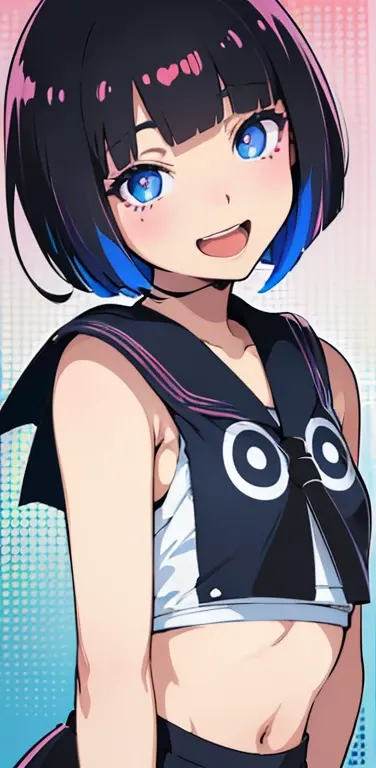 Realistic、1girl、black hair、(blunt bangs:1.3),blue eyes、open stance,(short hair),(eye focus:1.3,upper body),(gradient eyes:1.3),(sailor uniform
)、(Open mouth happy smile:1.3),cute face、,(tareme:1.3),(small breasts:1.3),(pop art, pop color background:1.5),co...